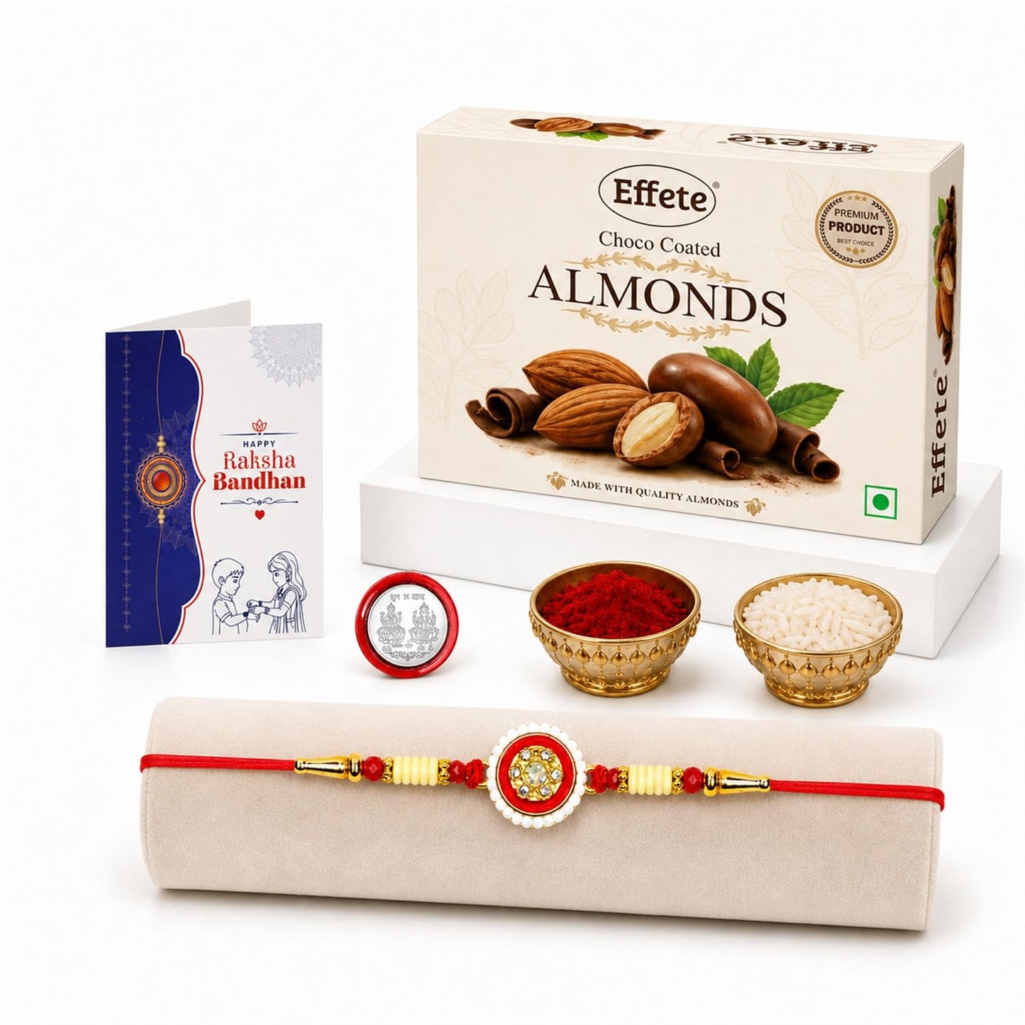 Round Rakhi for Brother with Chocolate Almonds 32gm, Roli Tikka & Card, Pack of 5