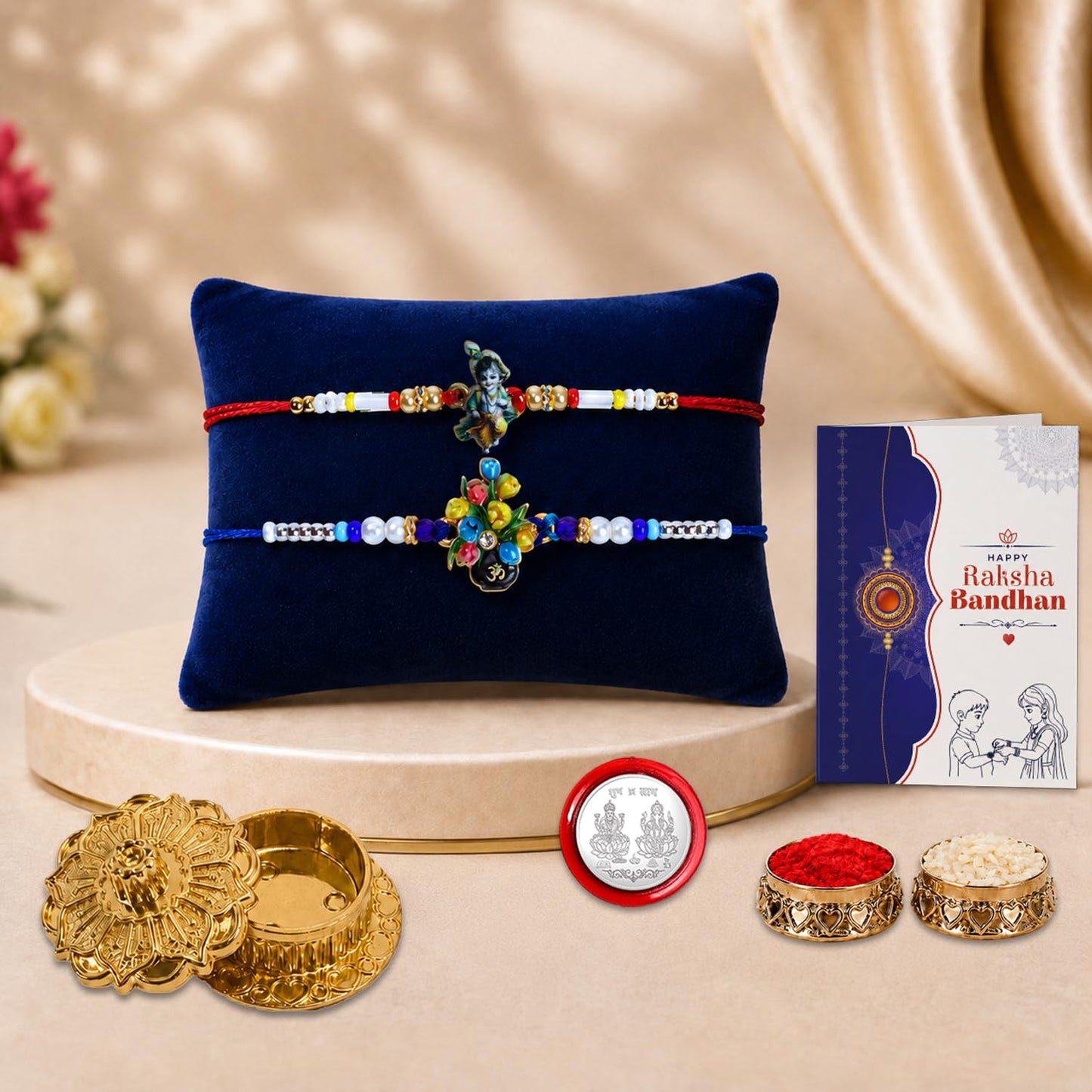 Designer Elegant Multicolor Krishna & OM Floral Pot Rakhi Combo | Pack of 6