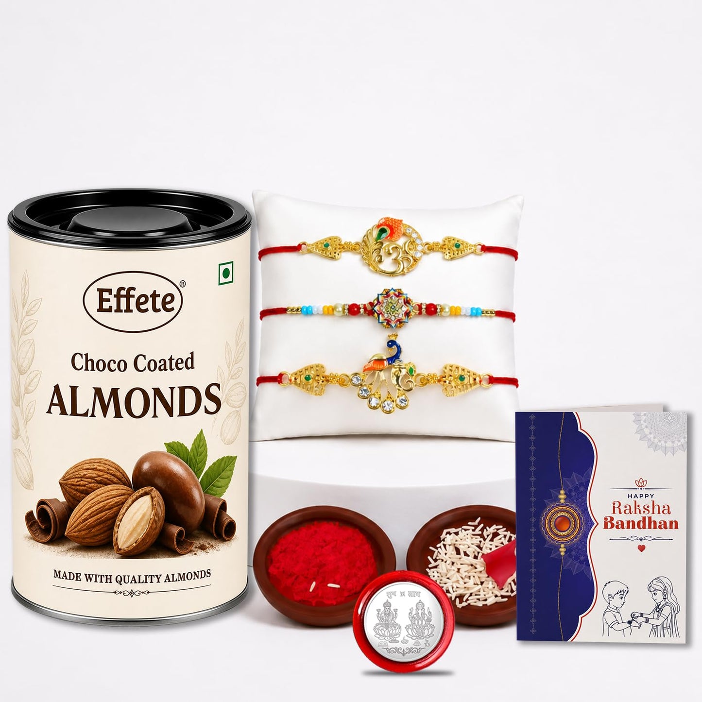 Rakhi with Chocolate for Brother (Set of 7) – Raksha Bandhan Festival Celebration Pack with OM, Flower & Peacock Design Rakhi, Chocolate, Roli Chawal, Silver Color Pooja Coin & Greeting Card