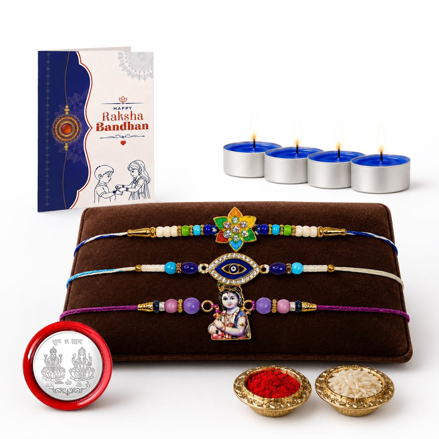 Flower, Evil Eye Rakhi Combo - Raksha Bandhan Gift with Tealight Candles 4pcs, Pack of 7