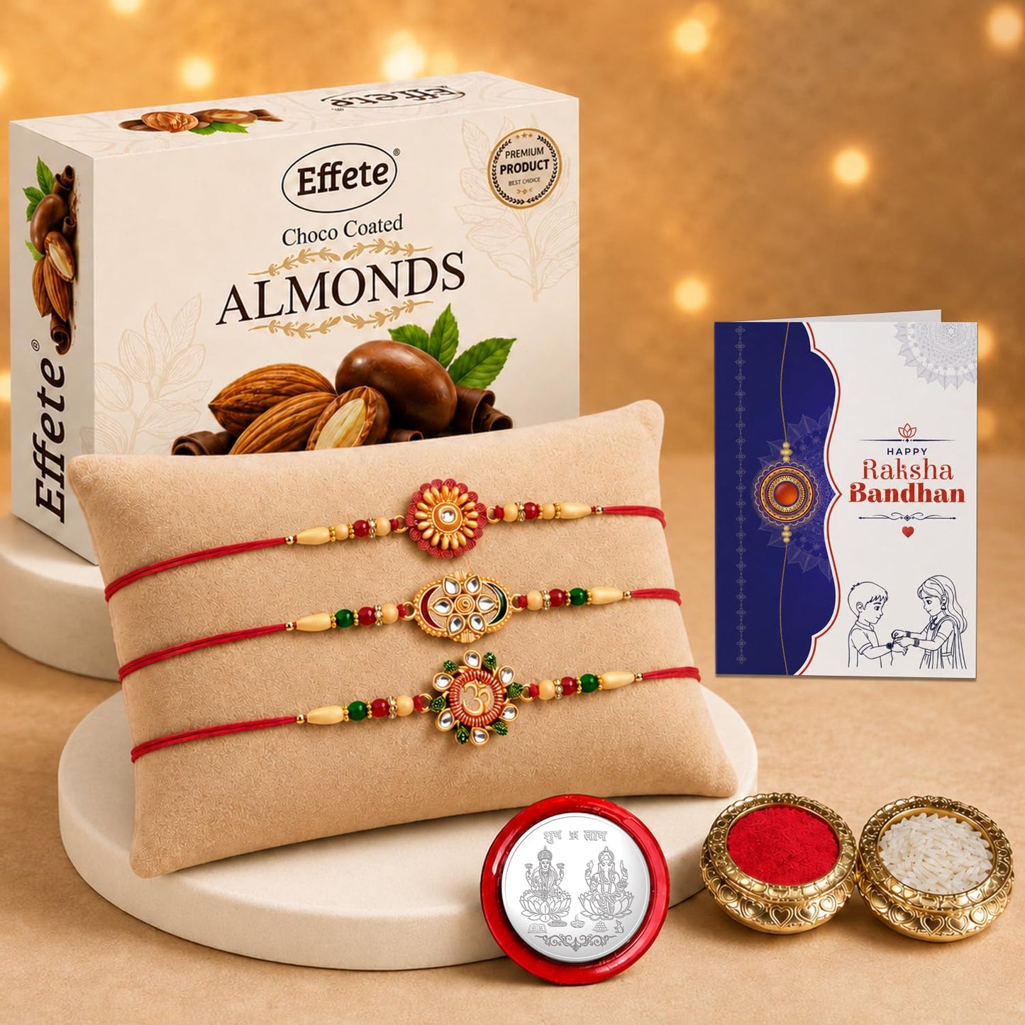 Round Rakhi for Brother with Chocolate Almonds 32gm, Roli Tikka & Card, Pack of 7