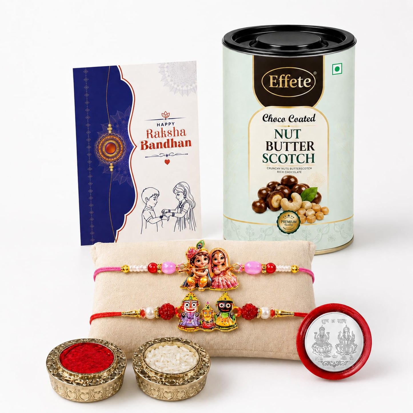 Krishna Radha Rakhi Combo - Raksha Bandhan Gift with Choco Butterscotch 96gm, Pack of 6