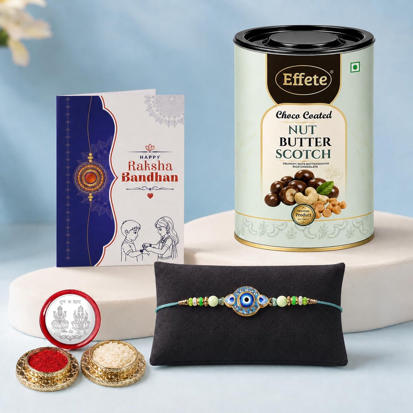 Evil Eye Rakhi for Brother with Butter Scotch 96gm, Roli Tikka & Card, Pack of 5