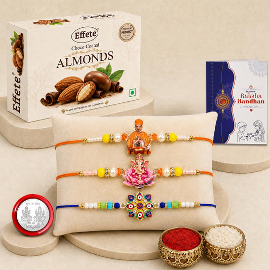 Swami Maharaj Rakhi Combo with choco almonds, roli chawal, and pooja coin on a festive background.