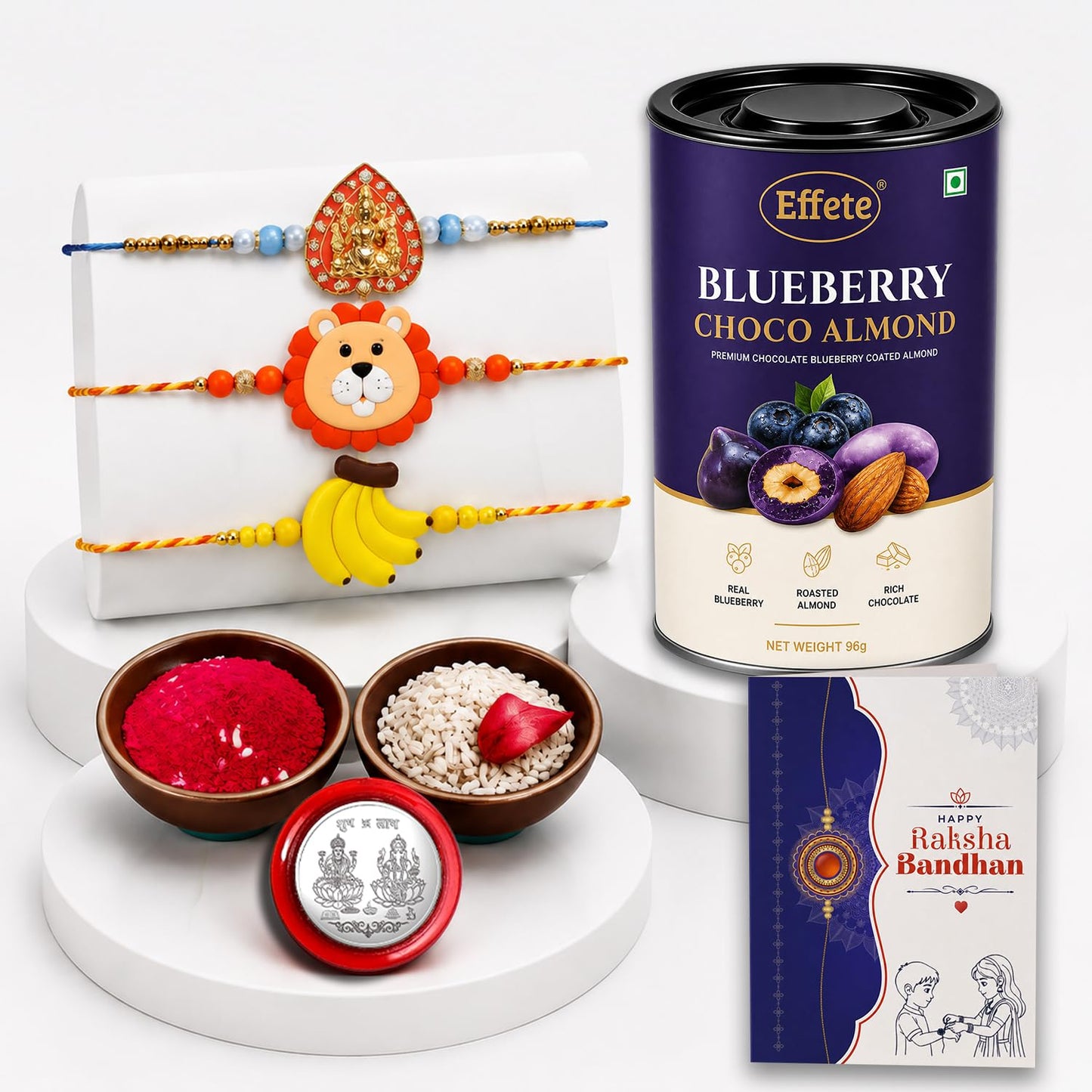 Heart-shaped Rakhi for Brother with Blueberry Almond 96gm, Coin & Card, Pack of 7