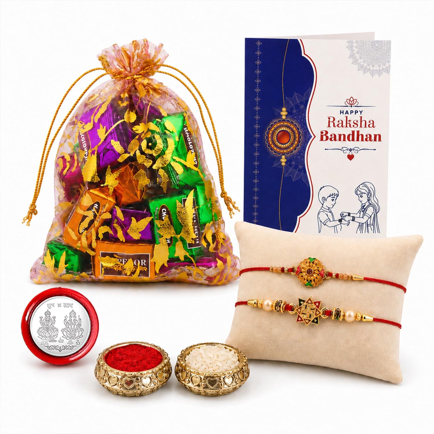 Round Rakhi for Brother with Assorted Treats 10pcs, Roli Tikka & Card | Pack of 6