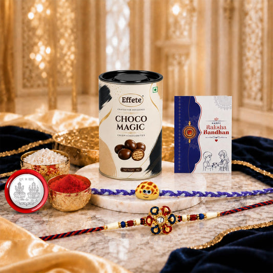 Rakhi with Chocolate for Brother gift combo set, neatly packaged in a box.