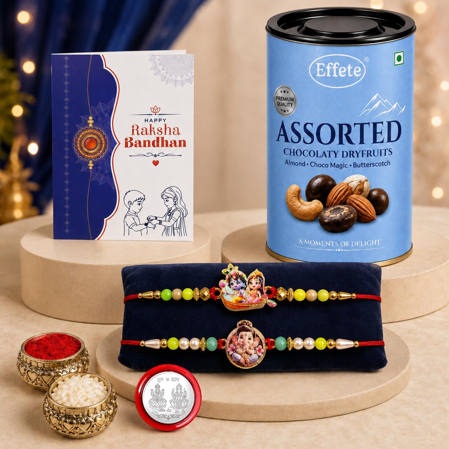 Radhe Krishna Rakhi Combo - Raksha Bandhan Gift with Assorted Choco 96gm, Pack of 6