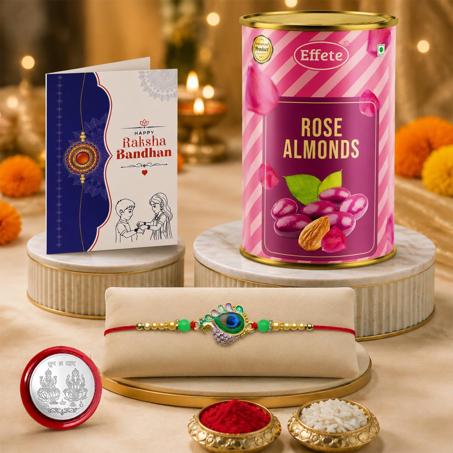 Feather Rakhi for Brother with Rose Almond 96gm, Roli Tikka & Card, Pack of 5