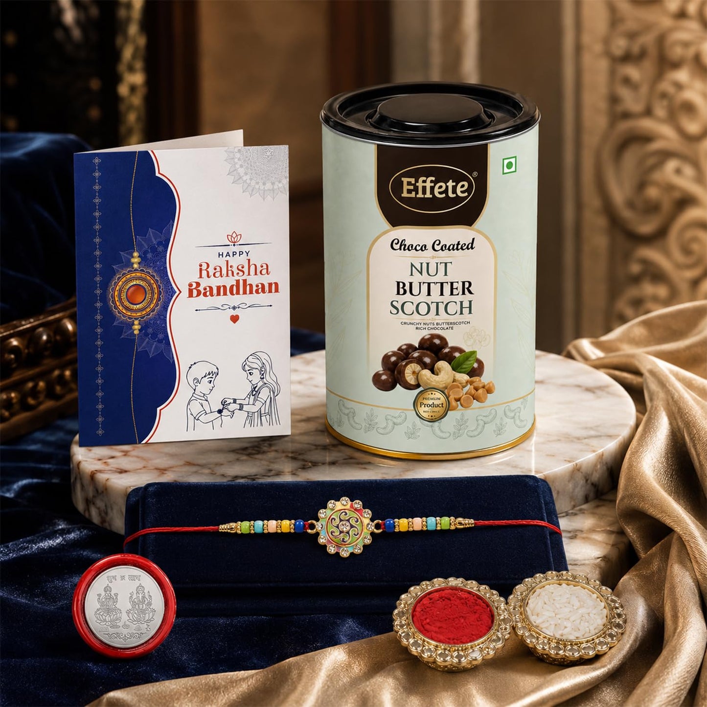 Rakhi with Chocolate for Brother – Raksha Bandhan Combo with Elegant Rakhi, Chocolate, Roli Chawal, Silver Color Pooja Coin and Greeting Card – Traditional Festival Celebration (Set of 5)