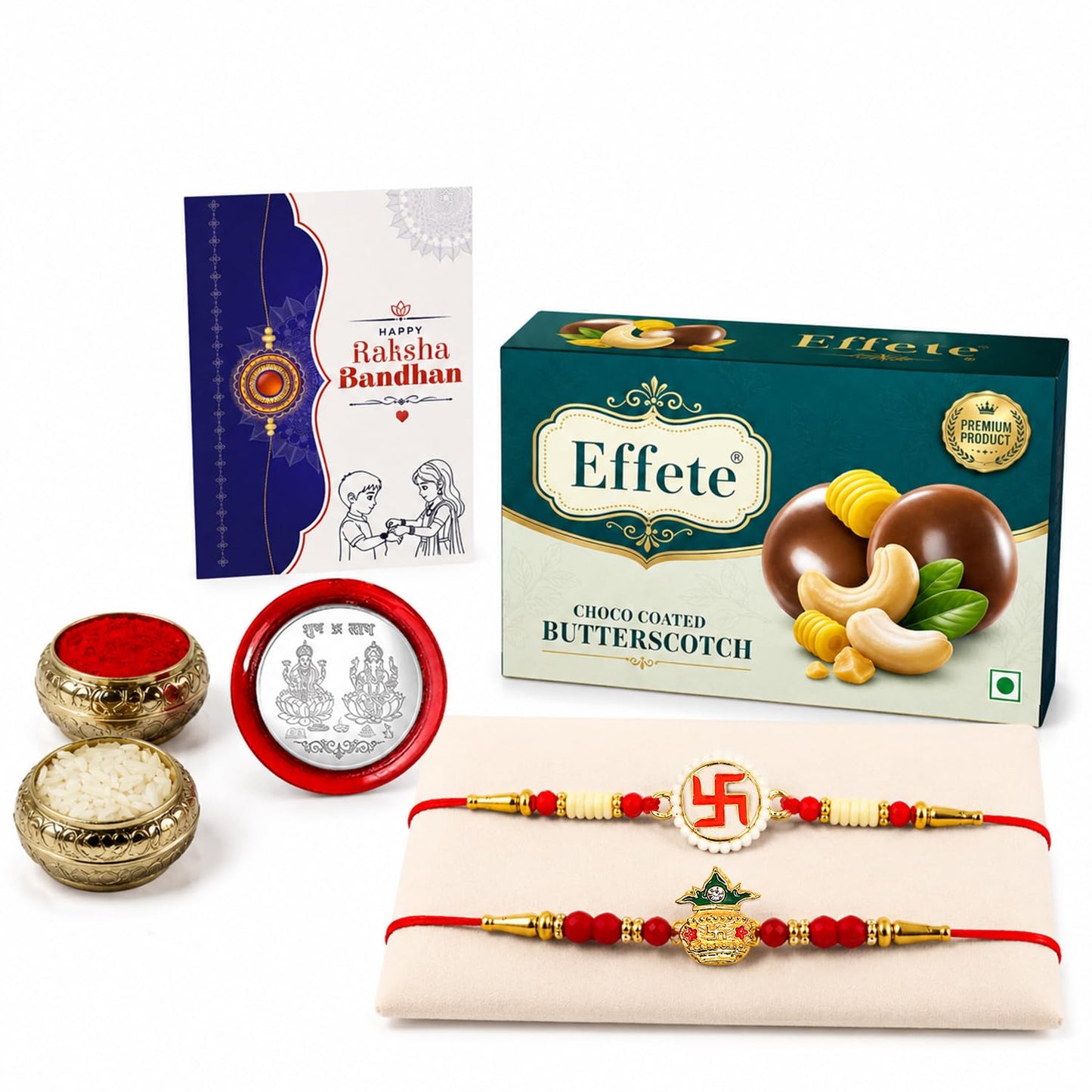 Rakhi with Chocolate for Brother (Set of 6) – Raksha Bandhan Festival Celebration Combo with Swastik & Kalash Design Rakhi, Chocolate, Roli Chawal, Silver Color Pooja Coin & Greeting Card