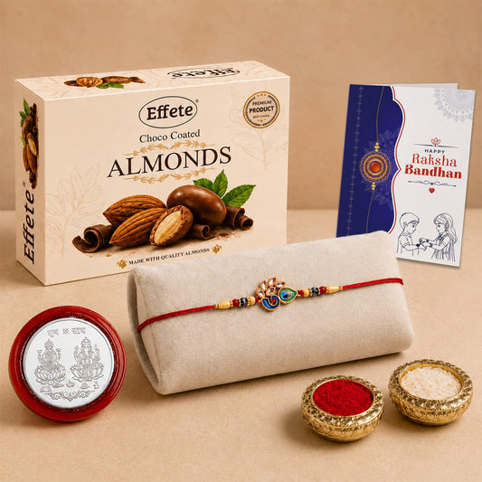 Rakhi with Chocolate for Brother gift combo featuring a peacock rakhi and festive essentials.