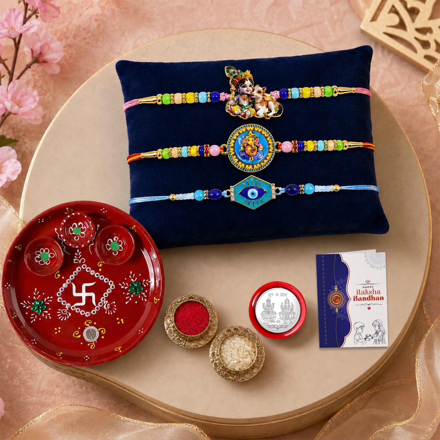 Designer Multicolor Krishna, Ganesh & Evil Eye Rakhi Combo | Pack of 7