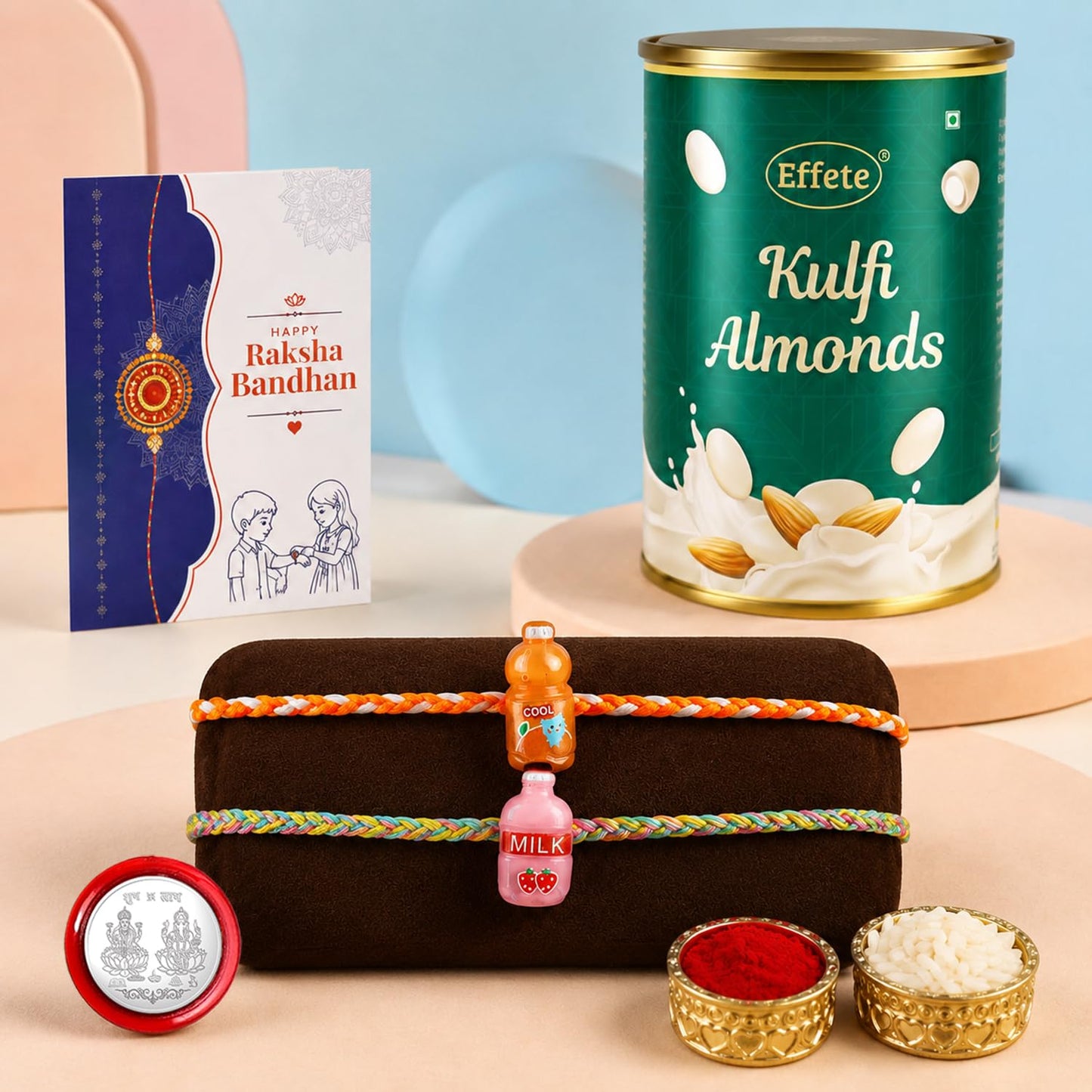 Bottle Rakhi for Brother with Kulfi Almonds 96gm, Roli Tikka & Card, Pack of 6