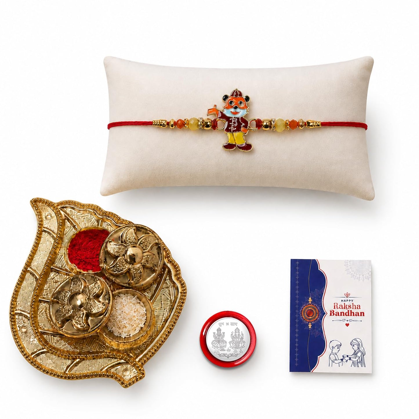 Cartoon Rakhi for Brother with Pooja Thali, Roli Tikka & Greeting Card, Pack of 5