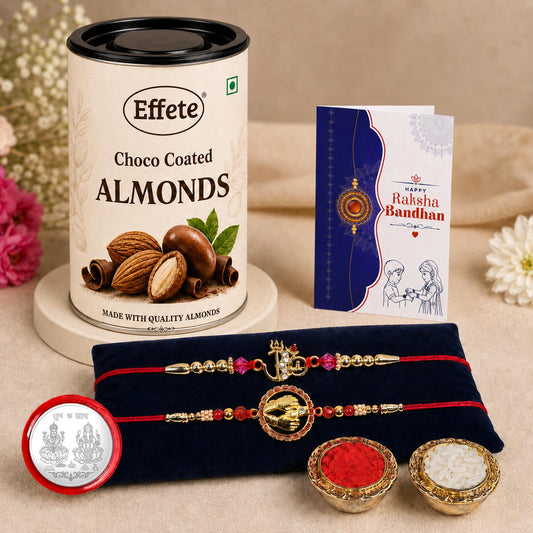 Multicolor Om Hands Rakhi gift combo for brother, featuring the rakhi, chocolates, roli chawal, and coin.