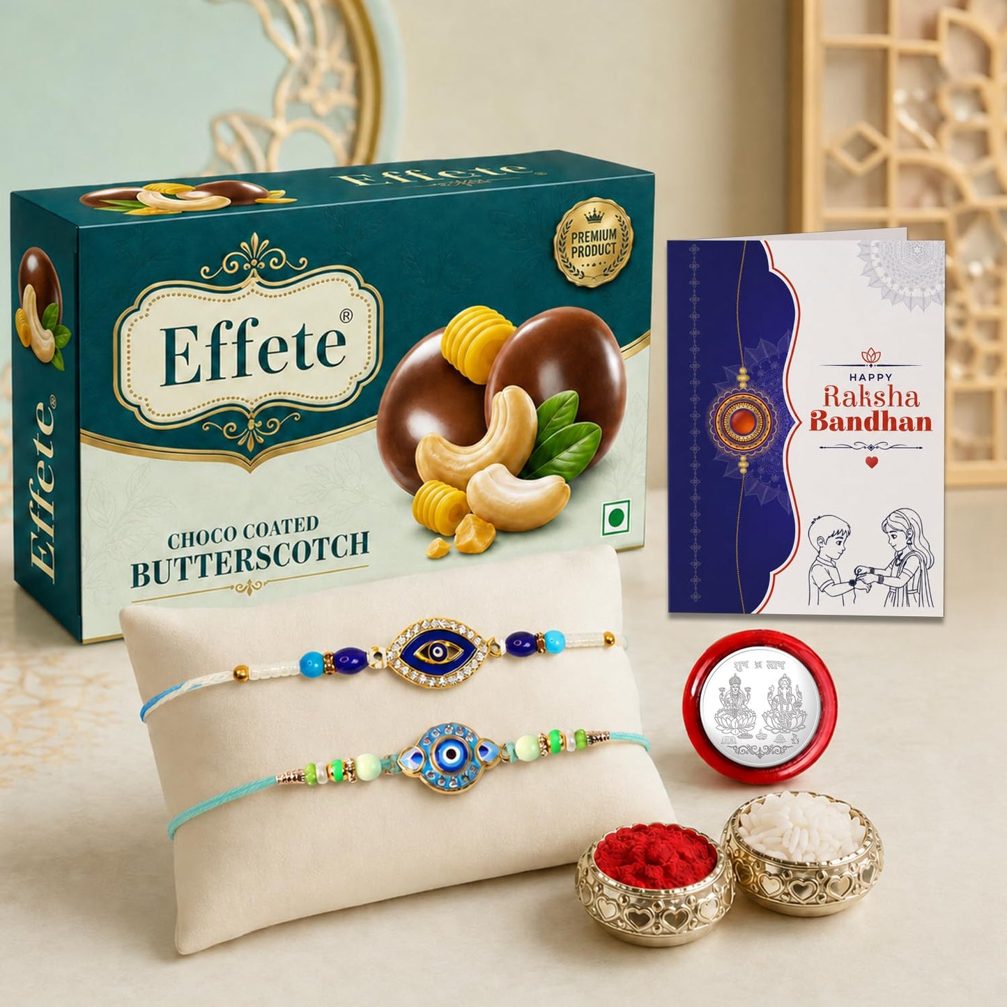 Evil Eye Rakhi Combo - Raksha Bandhan Gift with Choco Butterscotch 32gm, Pack of 6