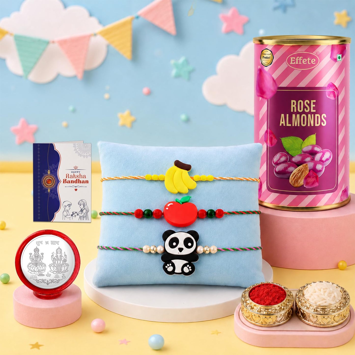 Fruit, Kids Rakhi for Brother with Rose Almond 96gm, Roli Tikka & Card, Pack of 7