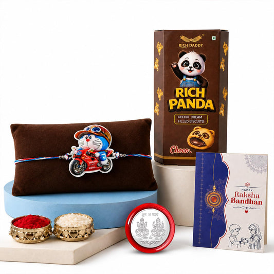 Kids Blue Bike Cat Rakhi for Brother with Chocolate Cream Biscuit 60gm, Pack of 5