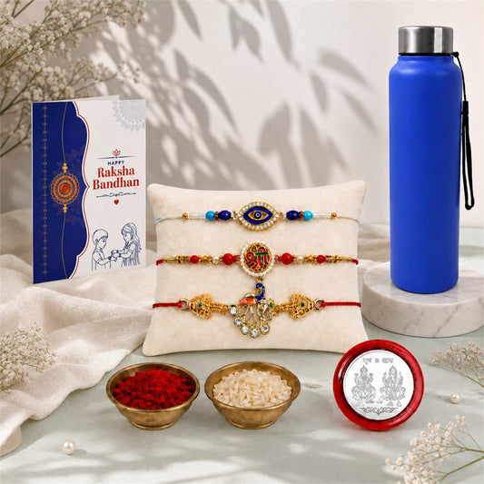 Full Raksha Bandhan Gift Combo set with Evil Eye Peacock Rakhi and stainless steel water bottle