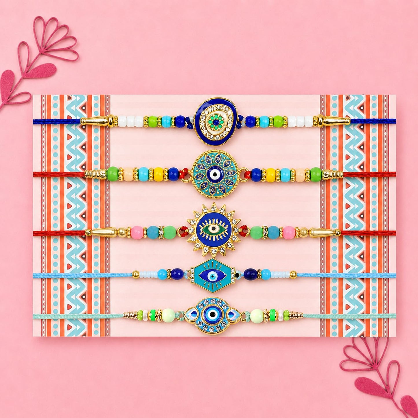 Designer Classic Rakhi for Brother with Roli Tikka, Pooja Coin & Card, Pack of 8