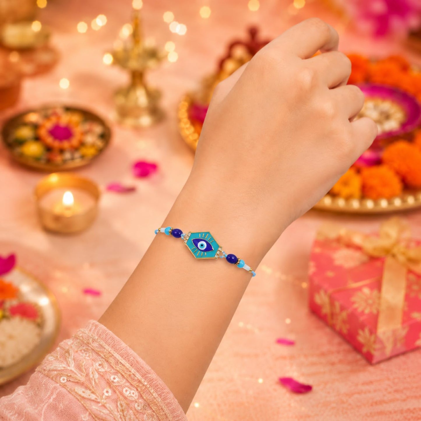 Designer Elegant Rakhi for Brother with Roli Tikka & Card, Pack of 5 | Classic