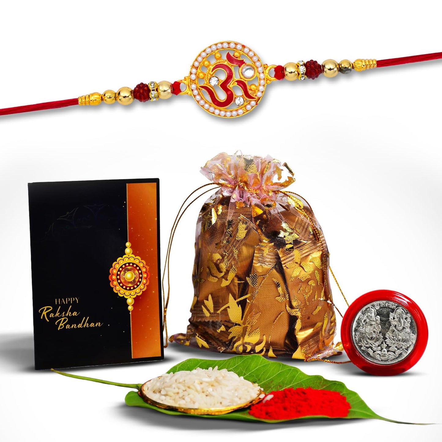 Rakhi combo Gift For Brother With Center Filled Chocolates | Golden Color Swastik Rakhi | New Rakhi | Rakhi Gift Pack For Sister | Rakhi Set Of 1| With Greeting Card,Roli-Chaval,Coin