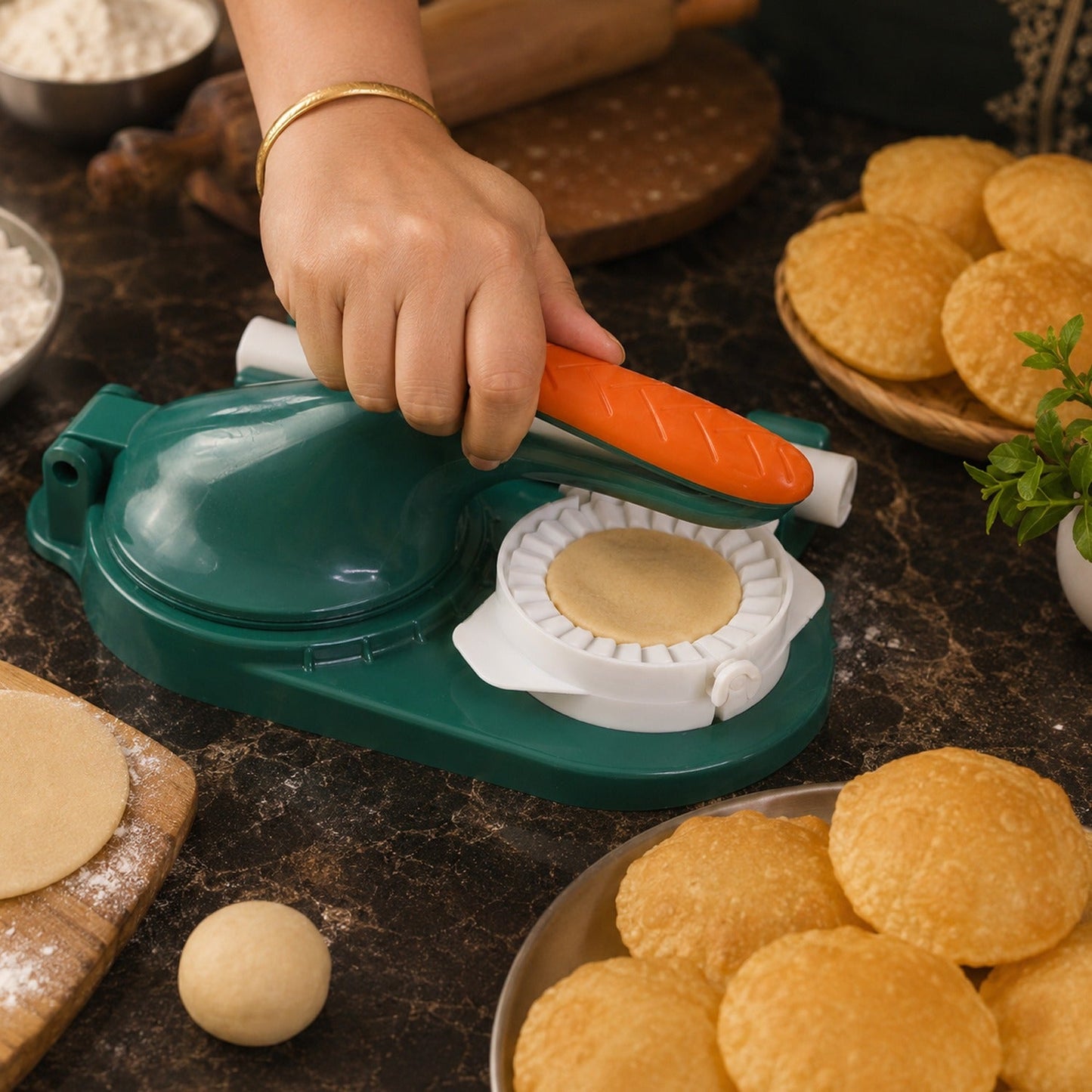 Mini puri press open with dough inside