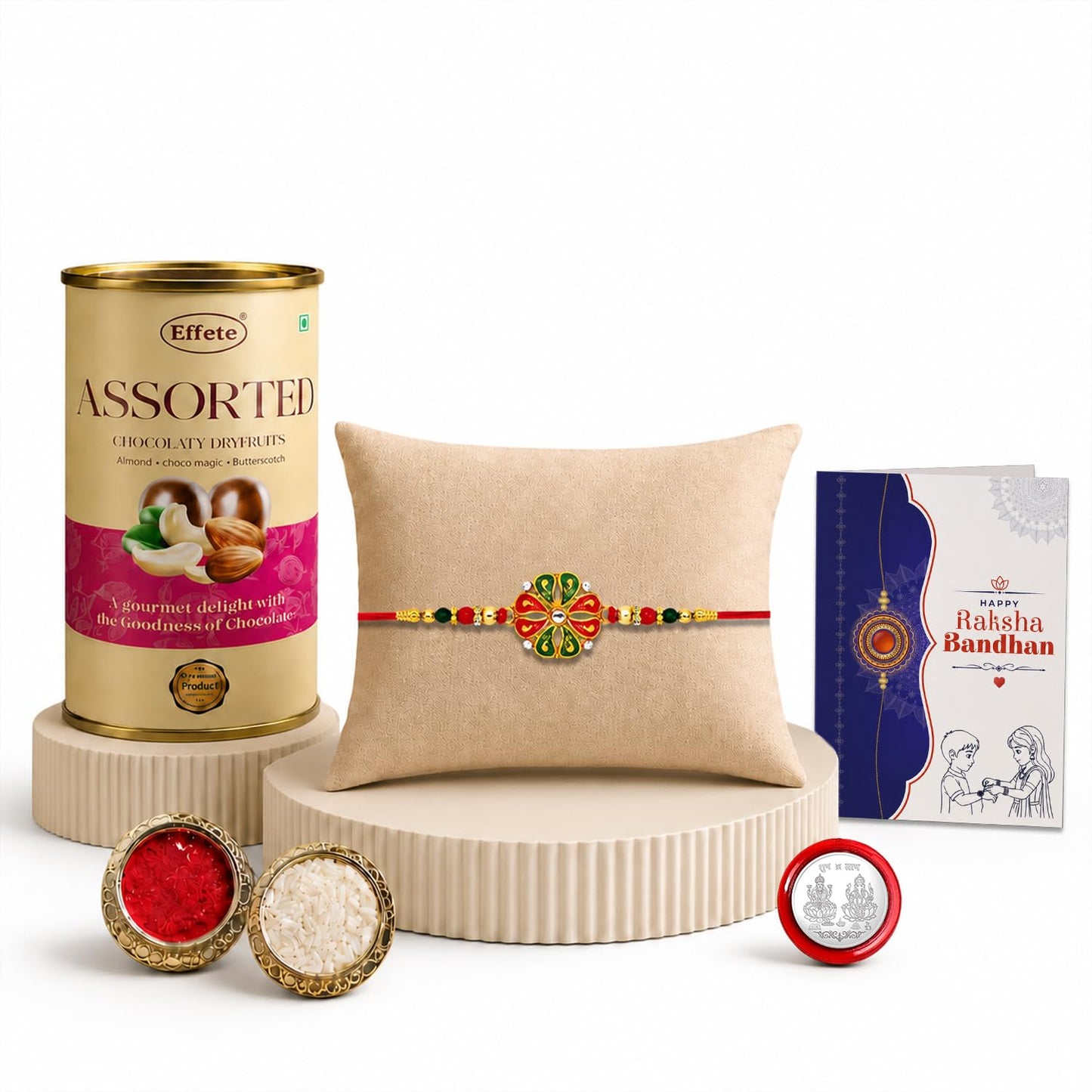 Flower Rakhi for Brother with Emperor Chocolate, Roli Tikka & Card, Pack of 5