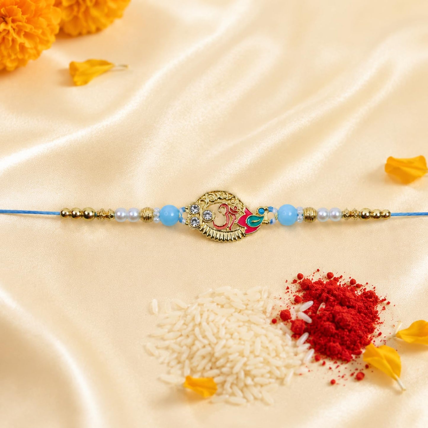 Rakhi with Chocolate for Brother (Set of 7) – Raksha Bandhan Festival Celebration Combo with Lion, OM & Peacock Design Rakhi, Chocolate, Roli Chawal, Silver Color Pooja Coin & Greeting Card