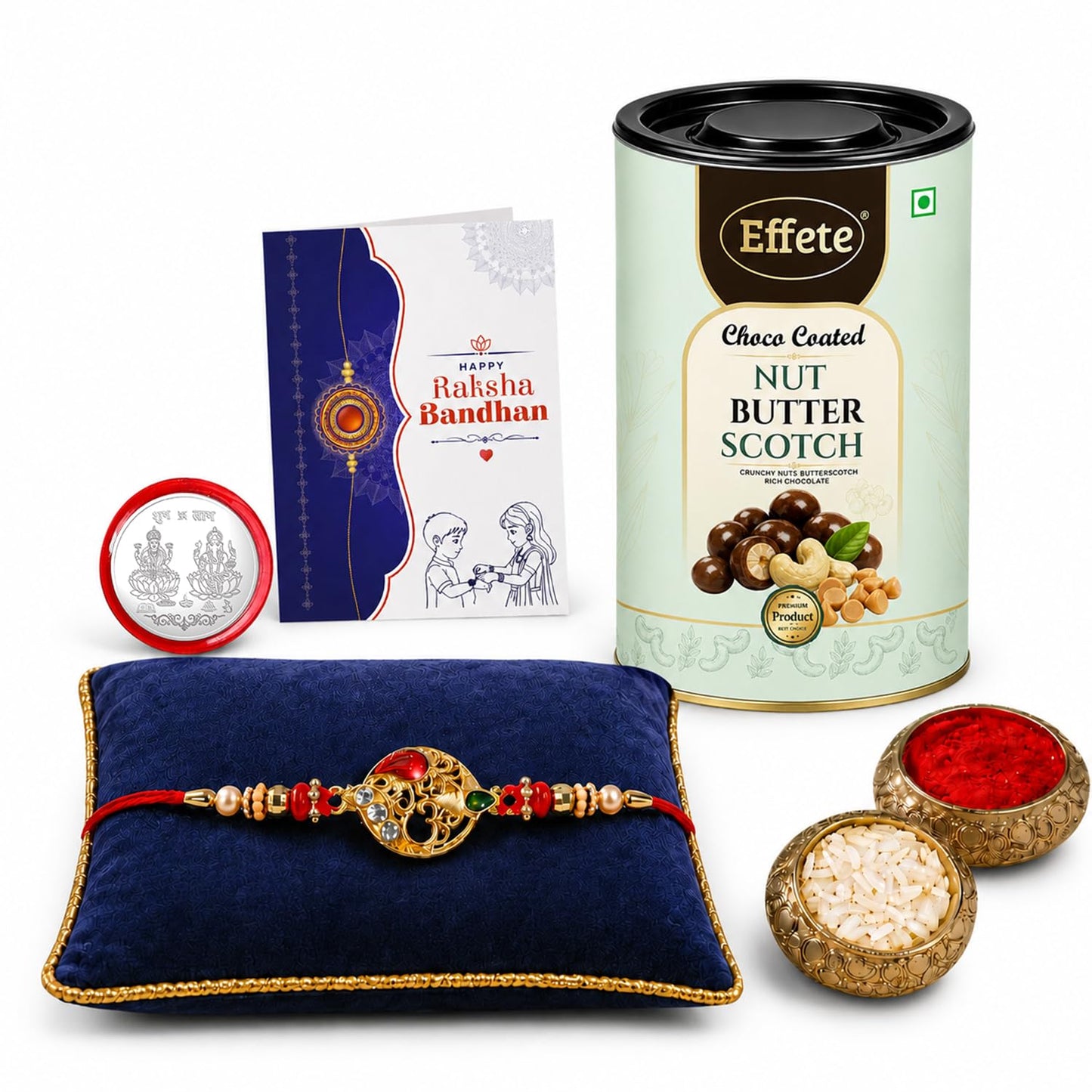 OM Rakhi for Brother with Butter Scotch 96gm, Roli Tikka & Card, Pack of 5