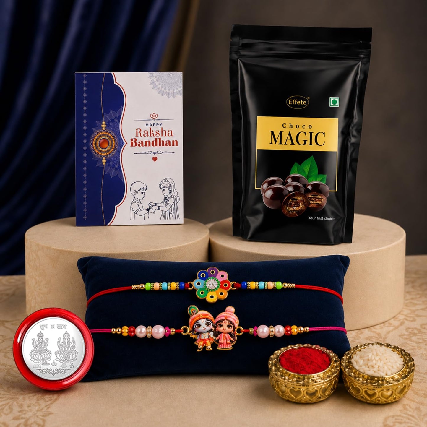 Flower Rakhi Combo - Raksha Bandhan Gift with Choco Magic Standy Pouch, Pack of 6