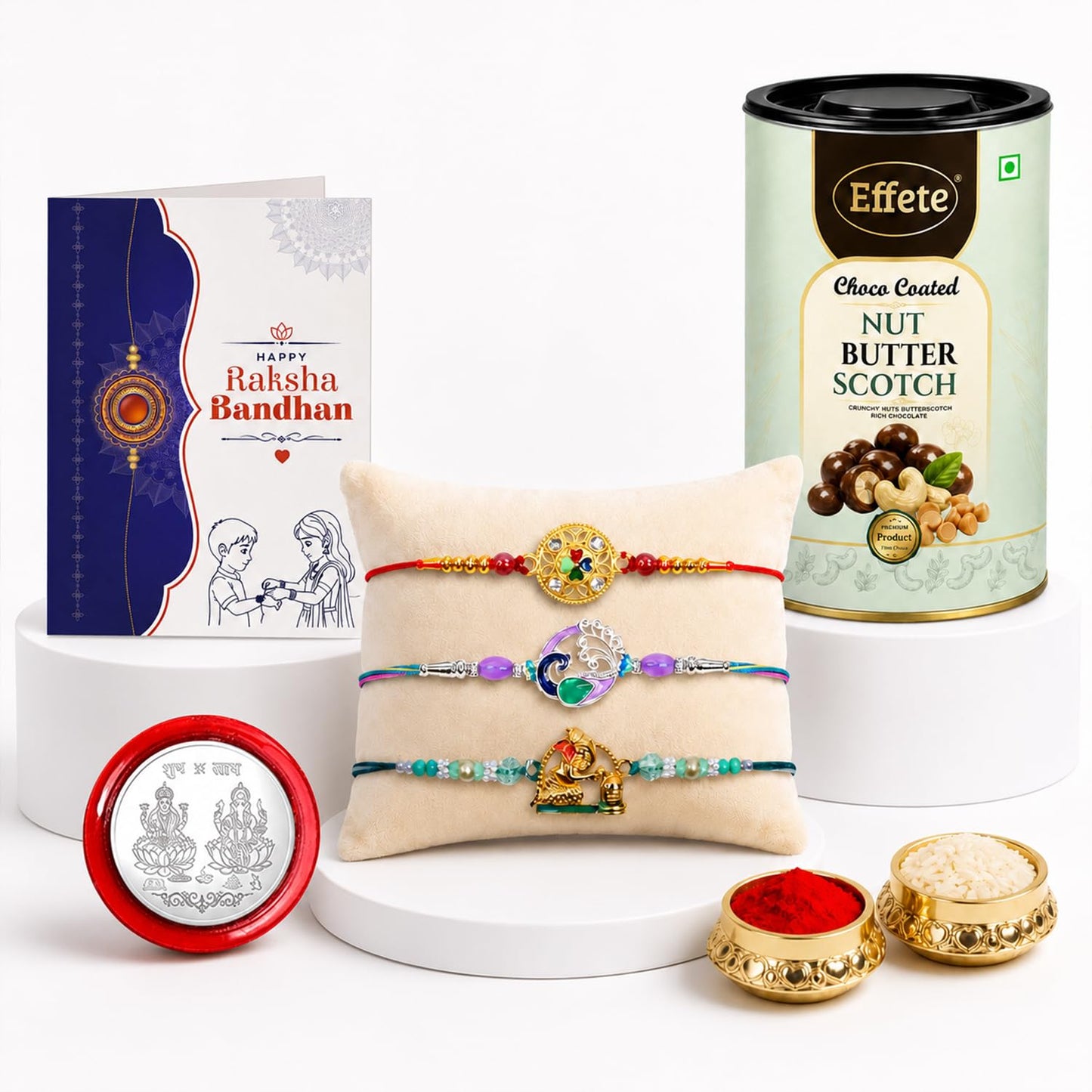 Rakhi with Chocolate for Brother (Set of 7) – Raksha Bandhan Festival Celebration Combo with Peacock, Ganu Ji & Round Shape Rakhi, Chocolate, Roli Chawal, Silver Color Coin & Greeting Card