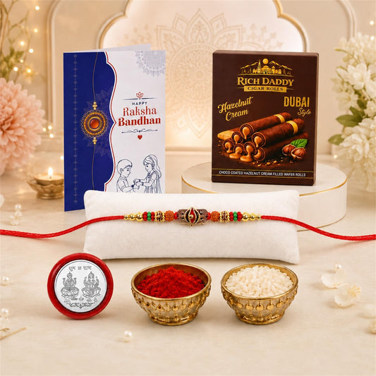 Trinetra Rakhi for Brother with Hazelnut Wafer Rolls, Coin & Card, Pack of 5