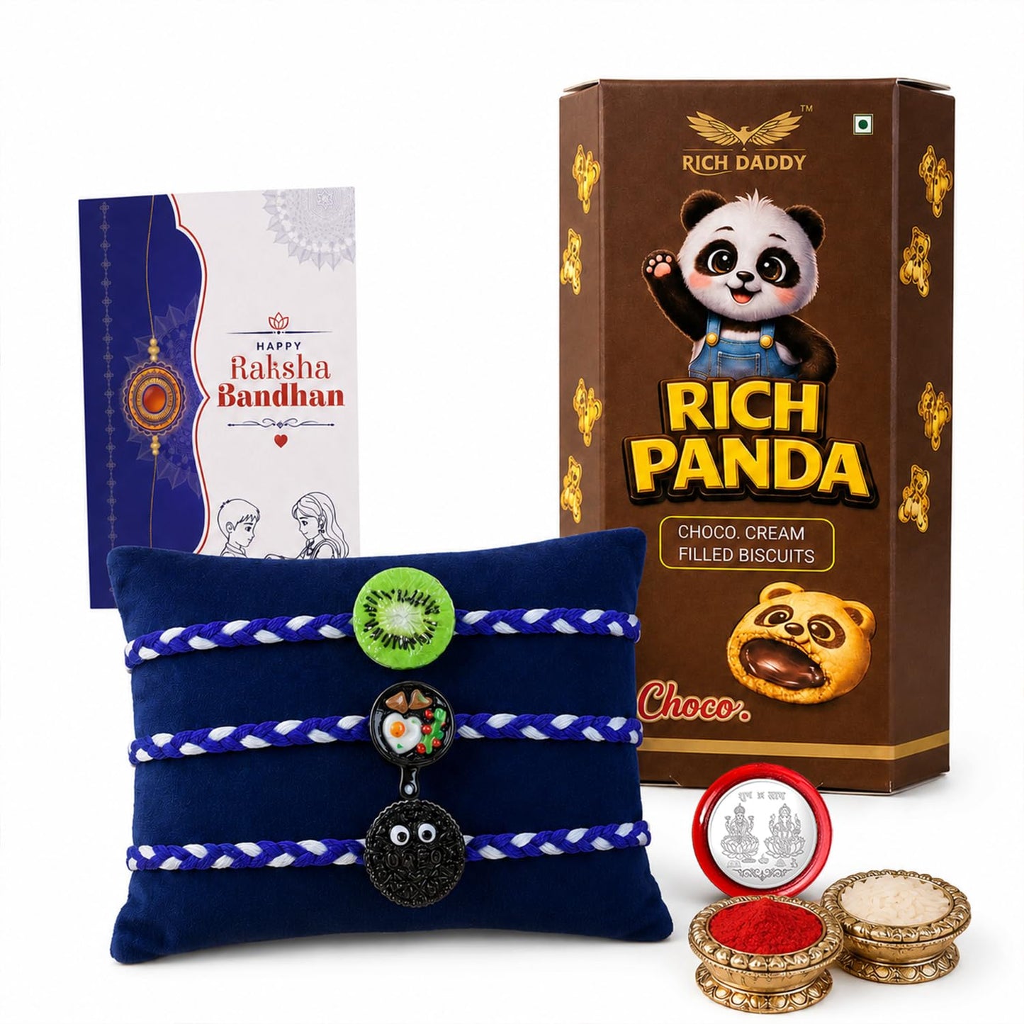 The complete contents of the Kids Rakhi for Brother gift set, neatly arranged.