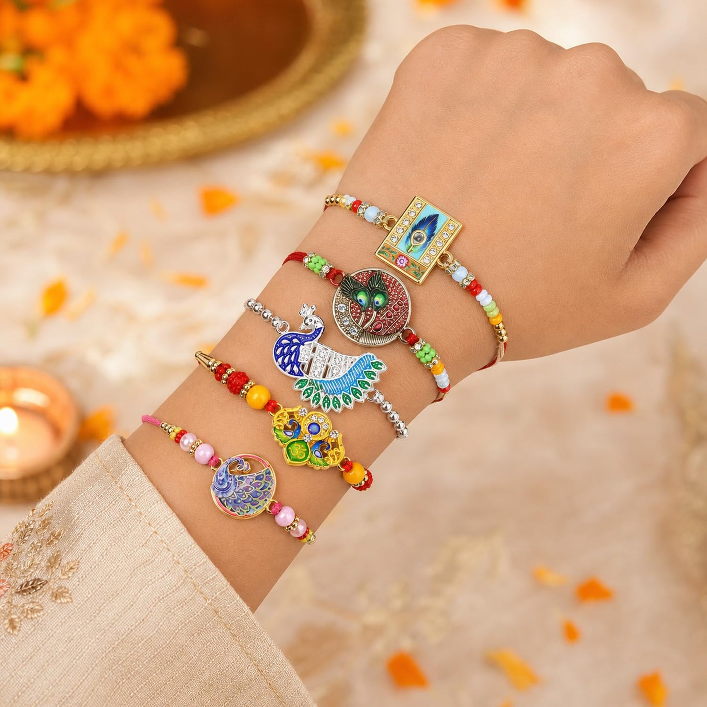 Designer Beautiful Rakhi for Brother with Roli Tikka & Greeting Card, Pack of 8