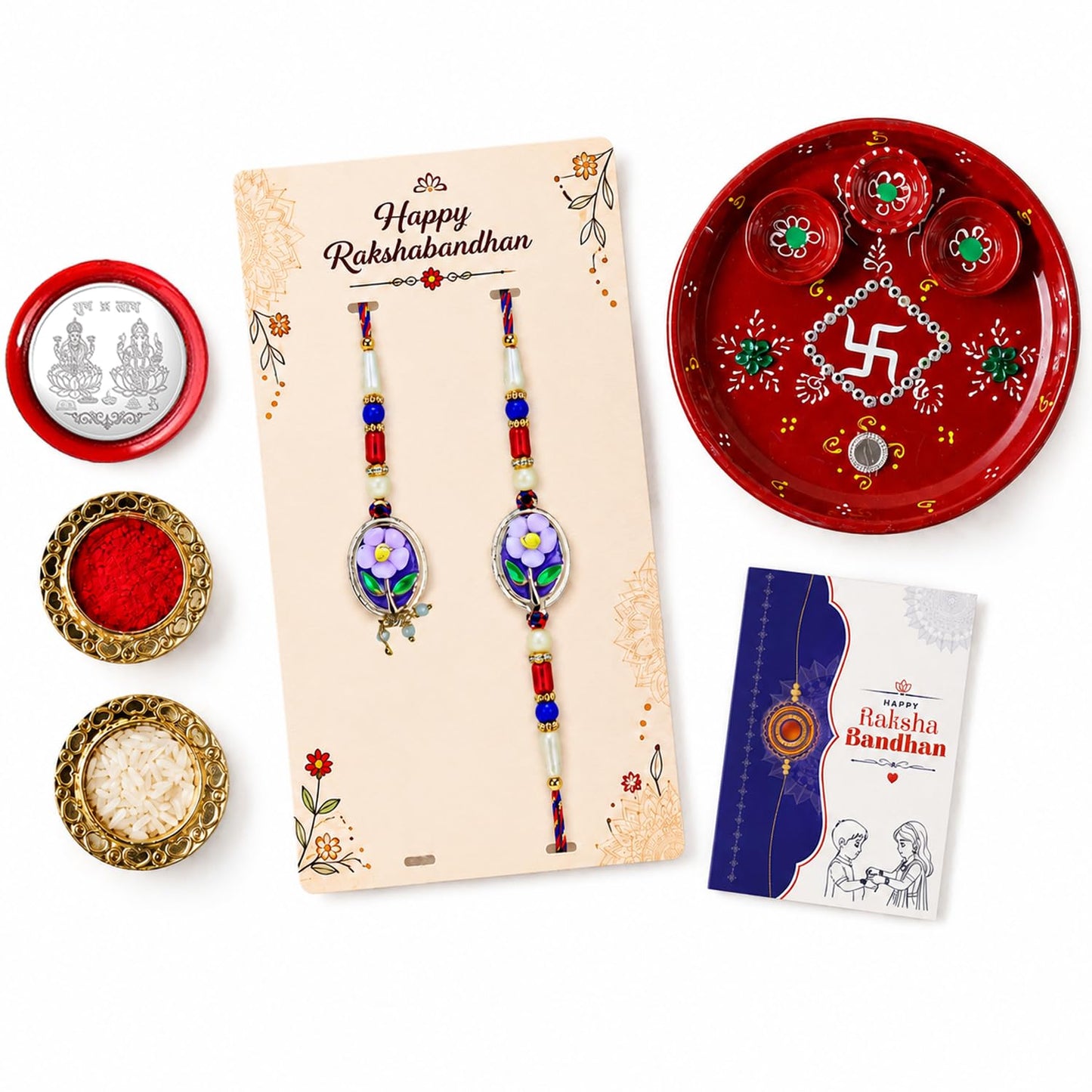 Multicolor Rakhi for Brother with Pooja Thali - Rakshabandhan Gift Set, Pack of 5