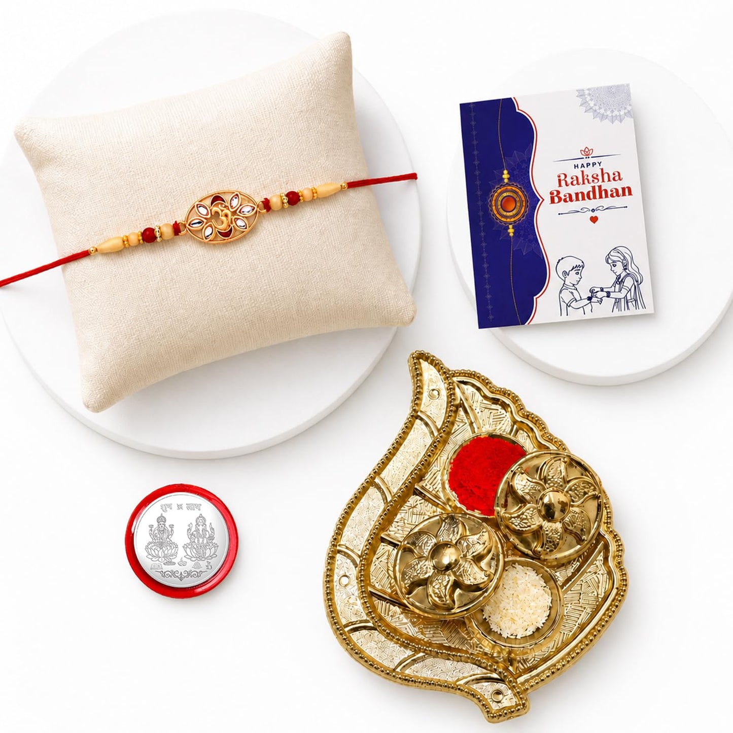 OM Rakhi Combo - Raksha Bandhan Gift with Leaf Design Pooja Thali, Pack of 5 | Rakhi Gift