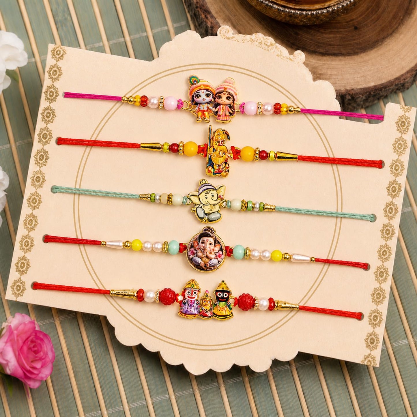 Designer Radiant Rakhi for Brother with Roli Tikka, Pooja Coin & Card, Pack of 8