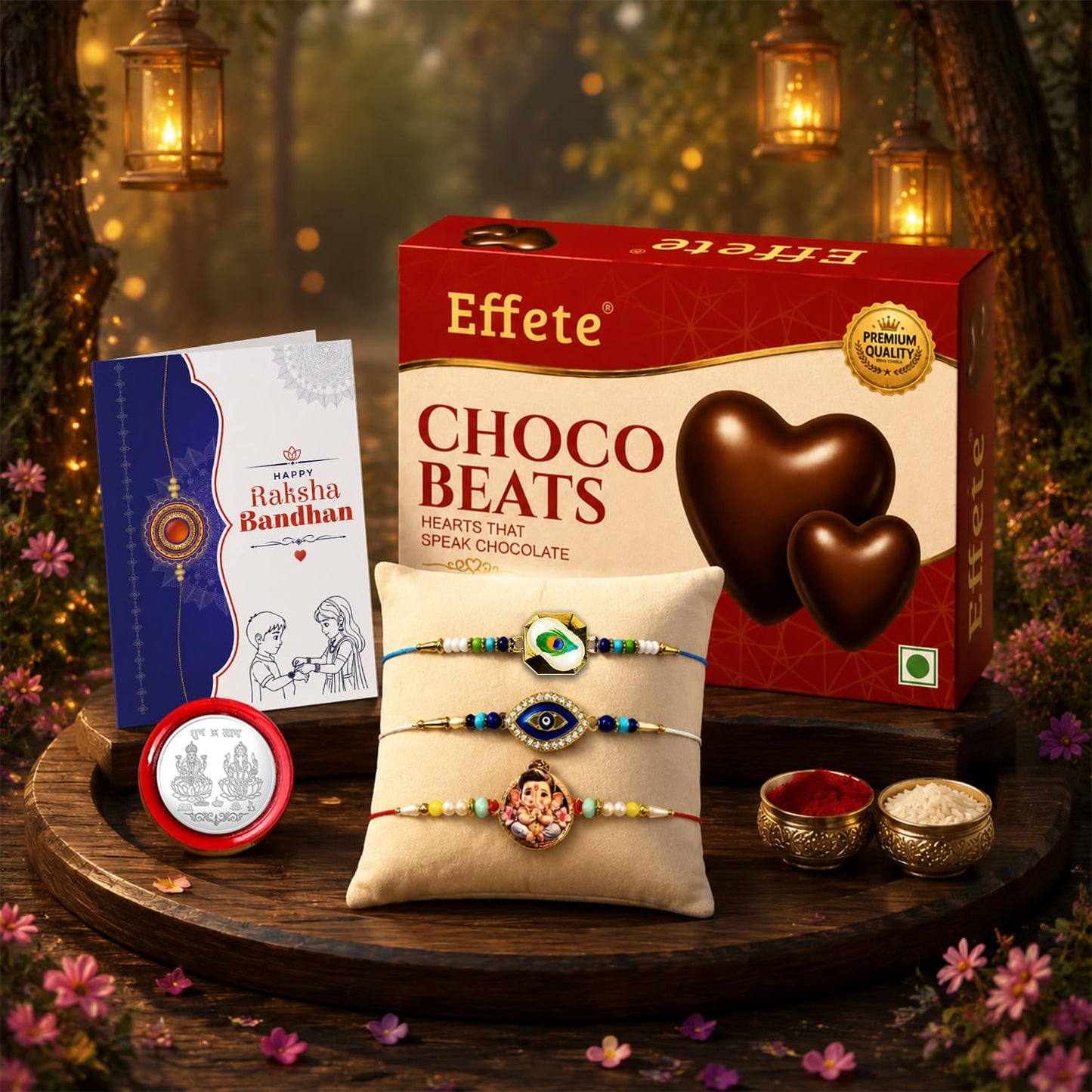 Peacock, Evil Eye Rakhi Combo - Raksha Bandhan Gift with Choco Beats 32gm, Pack of 7