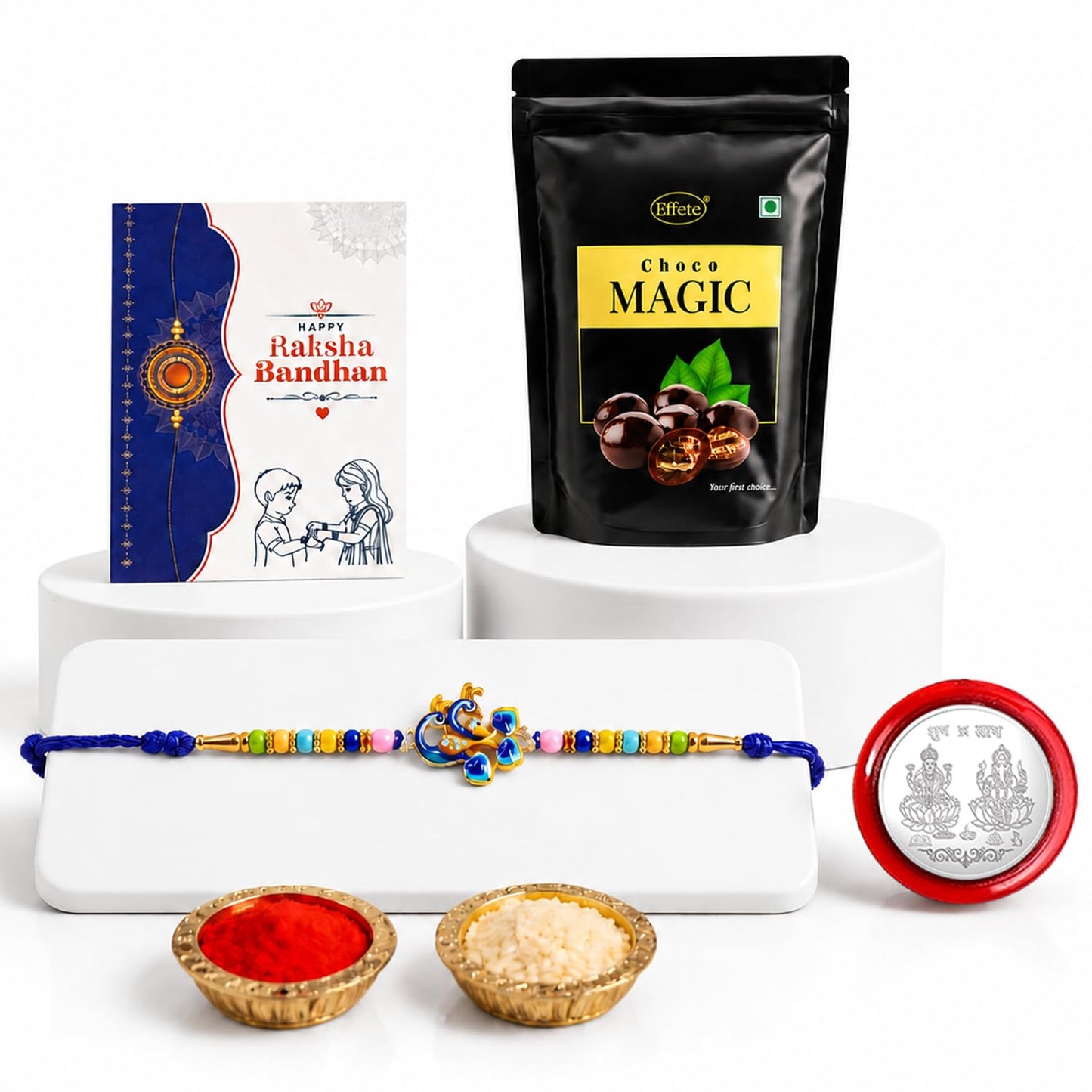 Peacock Rakhi for Brother with Choco Magic Pouch, Roli Tikka & Card - Pack of 5