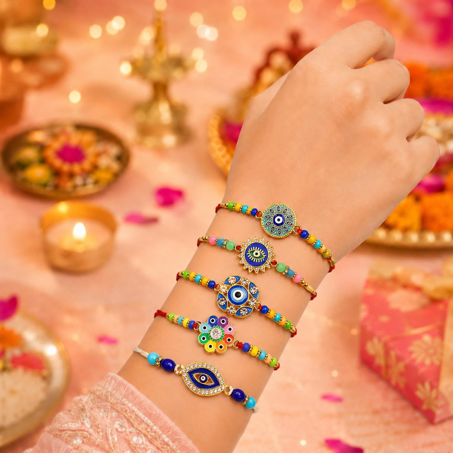 Designer Graceful Rakhi for Brother with Roli Tikka, Pooja Coin & Card, Pack of 8