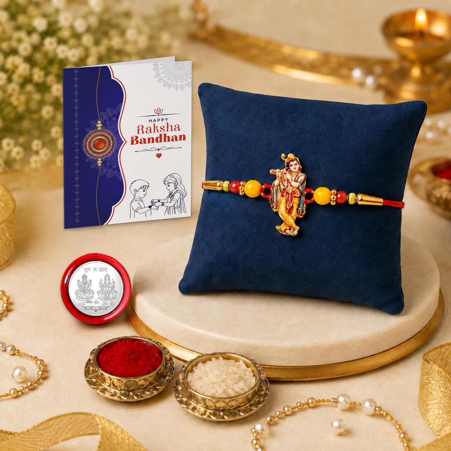 Krishna Beads Rakhi for Brother with Tilak Set, Pooja Coin & Card, Rakhi Set (V2)
