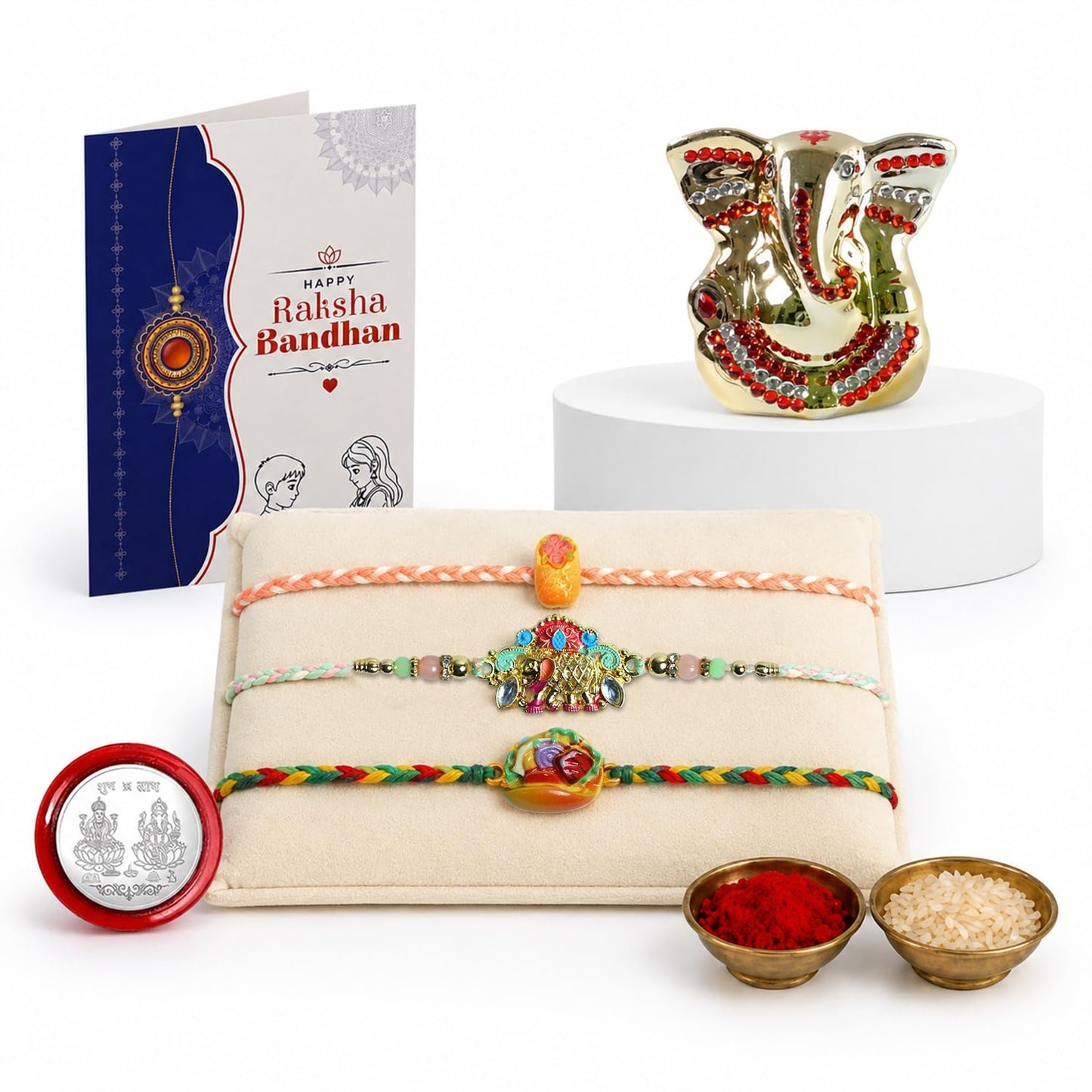 Rakhi for Bhai – Ganesh Idol Rakhi | Silver Coin, Roli Chawal Gift Combo (Pack of 4) For Raksha Bandhan