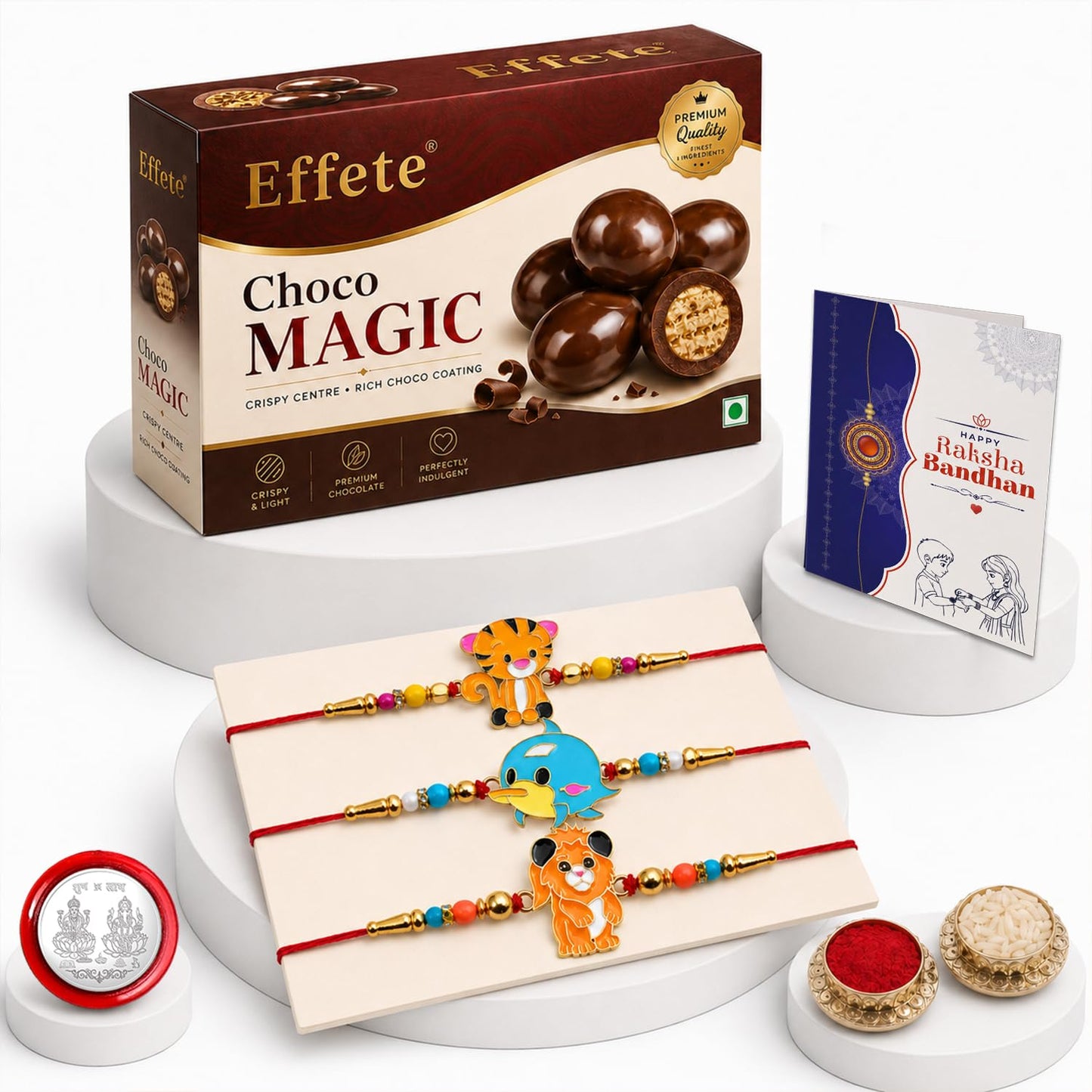 Kids Rakhi for Brother with Chocolate Magic 96gm, Roli Tikka & Card, Pack of 7