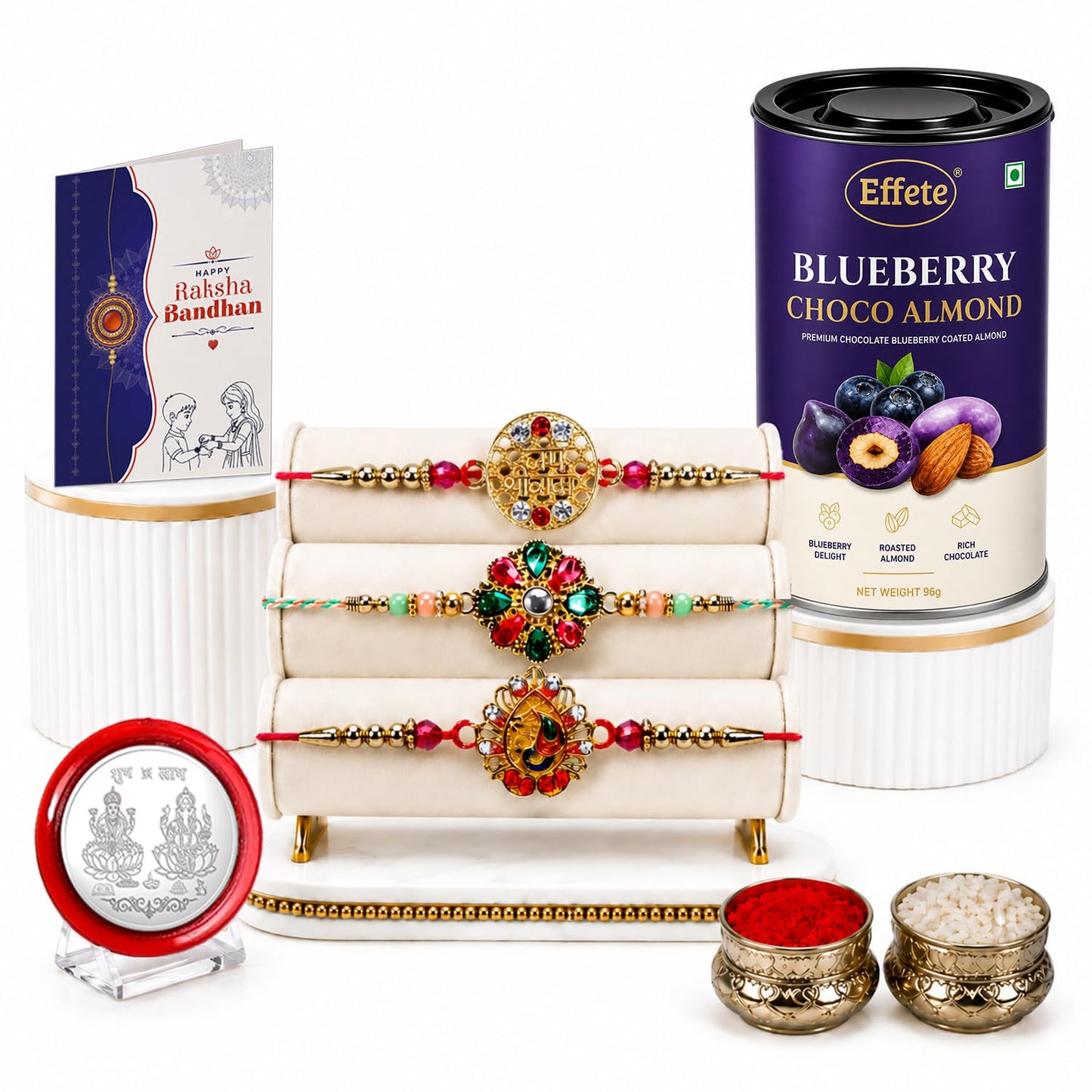 Rakhi with Chocolate for Brother (Set of 7) – Raksha Bandhan Festival Celebration with Jai Shree Ram, Flower & Leaf Shape Rakhi, Chocolate, Roli Chawal, Silver Color Coin & Greeting Card