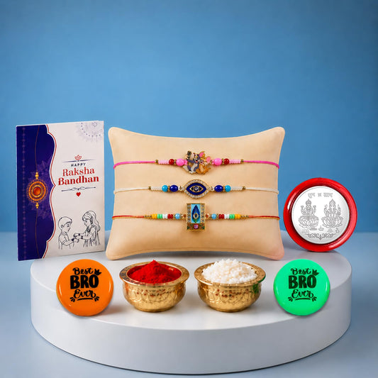 Raksha Bandhan Gift Combo featuring a cartoon rakhi and decorative magnets.