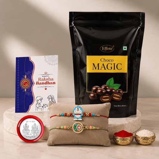Doraemon Rakhi Gift Combo for Brother with a round floral rakhi, chocolate, roli chawal, and a silver coin.