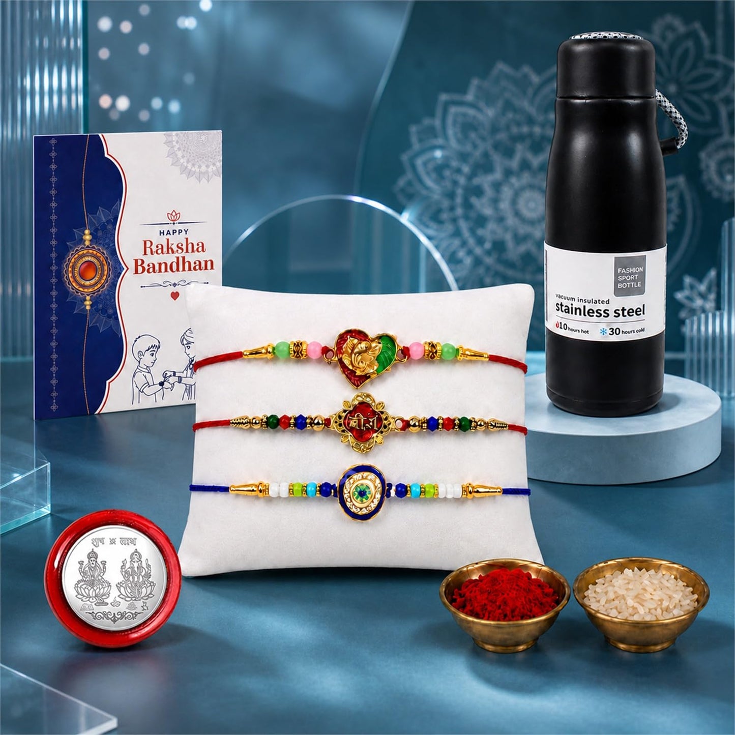 Veera, Evil Eye, Ganesha Rakhi Combo - Raksha Bandhan Gift with Vacuum Water Bottle 550ml
