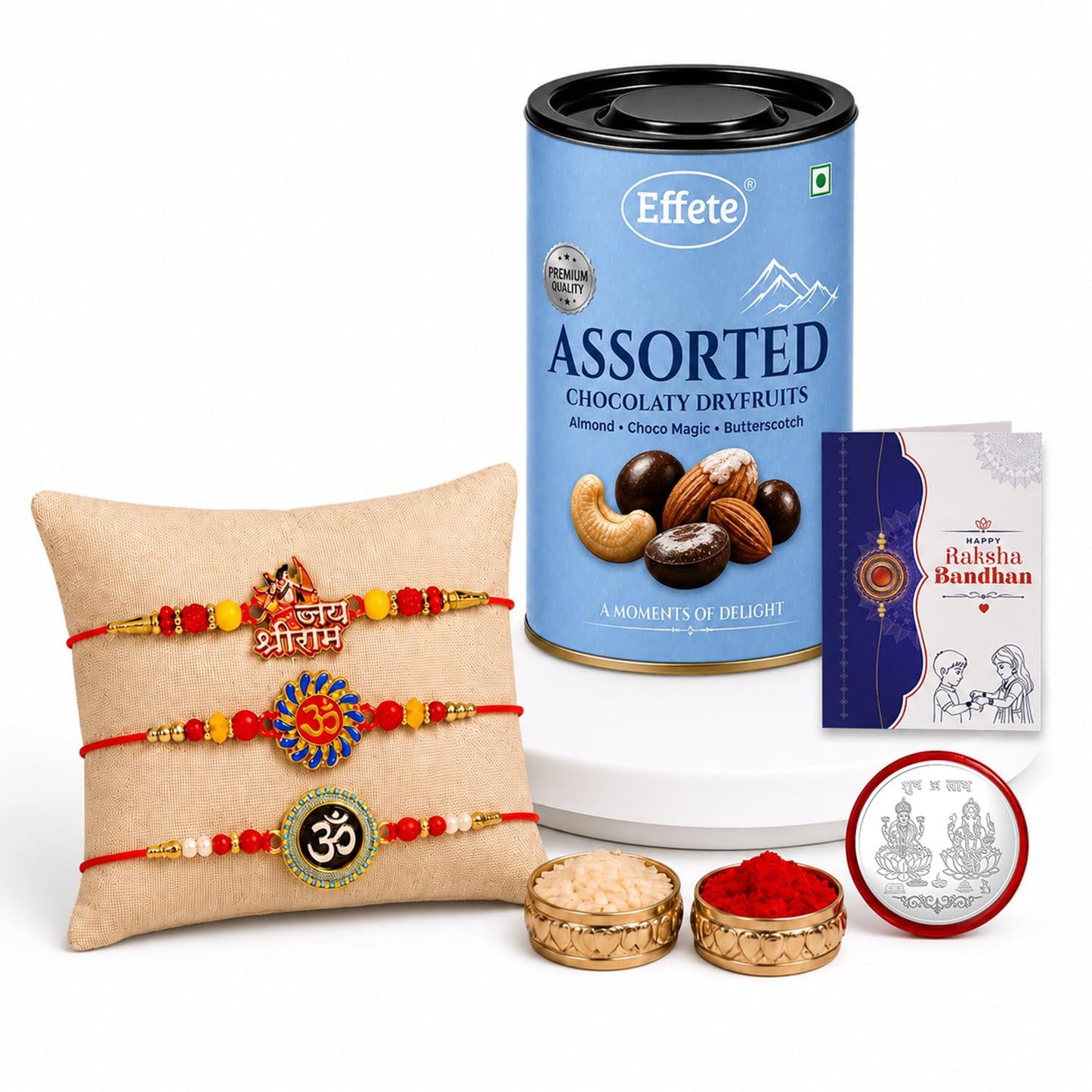 Jai Shree Ram, OM Rakhi Combo - Raksha Bandhan Gift with Assorted Choco 96gm, Pack of 7